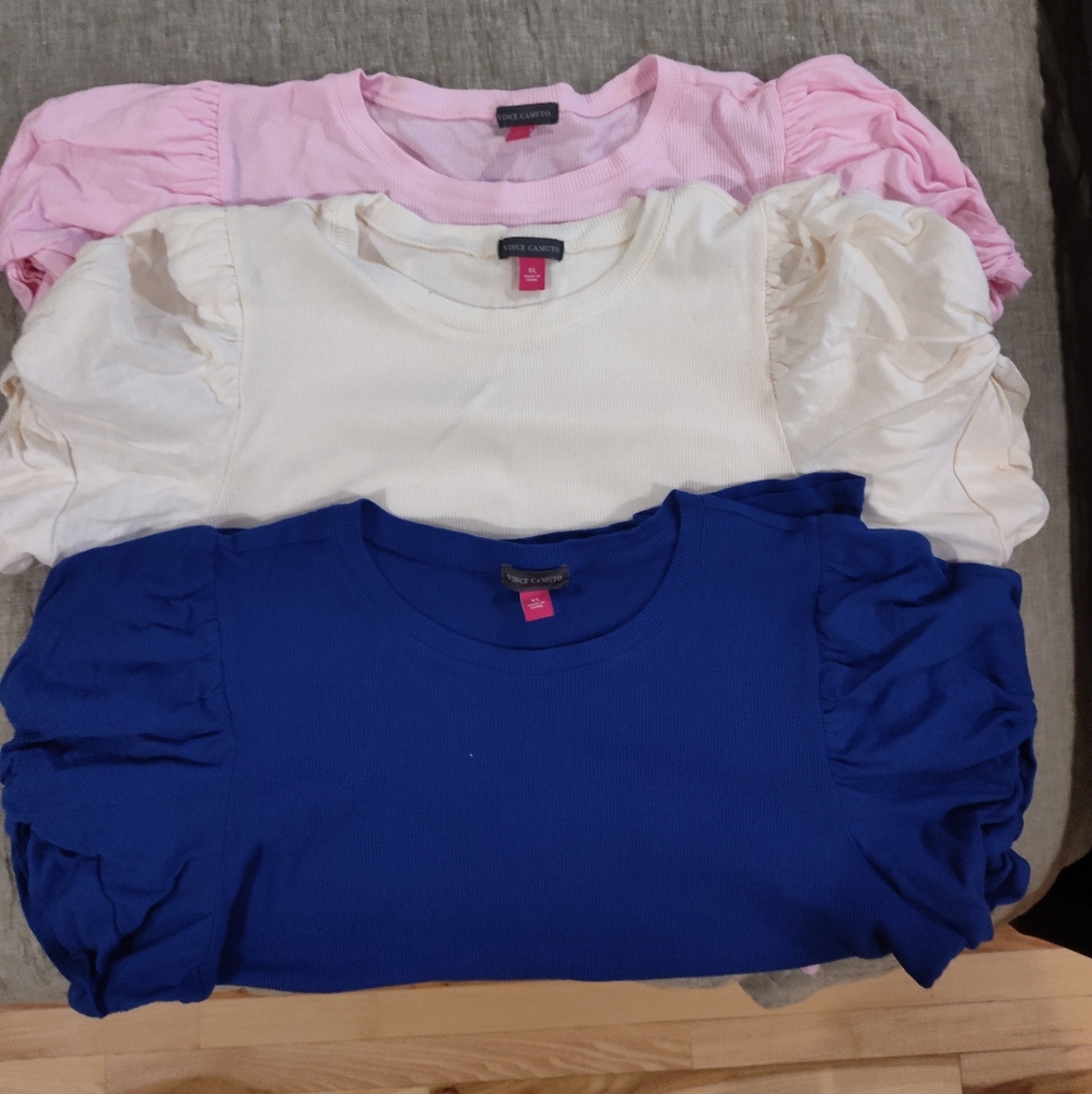 Vince Camuto Blue, White To Cream, & Pink Short Sleeve Tees With Puff Sleeve